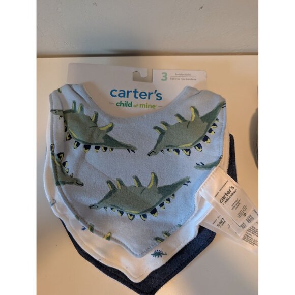 Carters Child Of Mine 3-Pack Bandana Bibs & 2-Pack Mittens Dinosaur Print Baby A - Picture 3 of 5